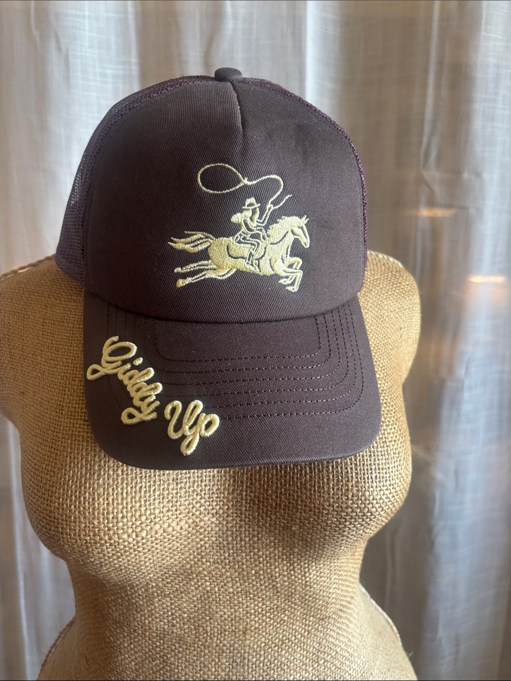 Giddy Up Embroidered Trucker Hat - Brown & Cream